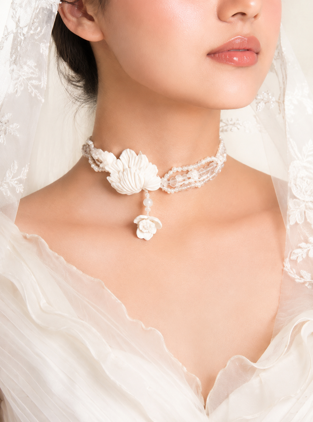 Handcrafted Ivory Clay Floral Choker | Luxury Bridal Necklace