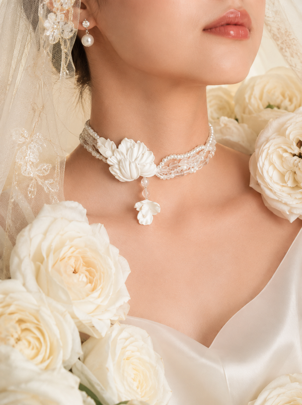 Handcrafted Ivory Clay Floral Choker | Luxury Bridal Necklace