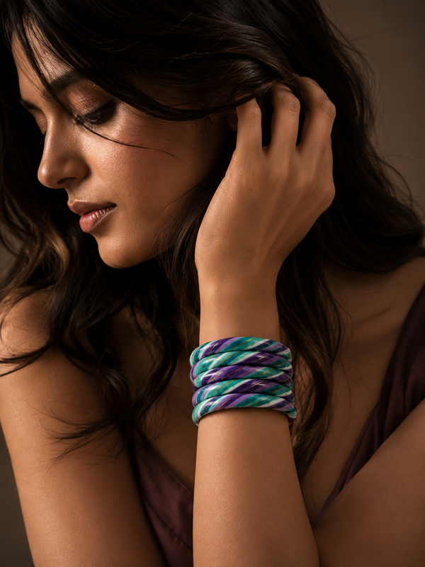 Peacock Twist Lac Bangle Set — Hand-Twisted Lac Stack