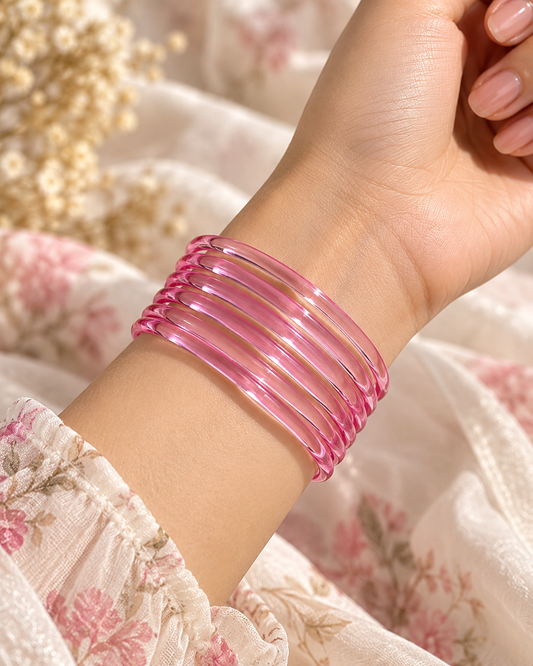 Pink Jelly Bangles Set | 8-Piece Glossy Transparent Bangles