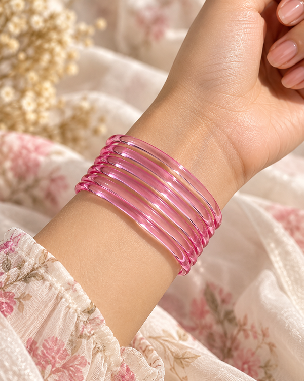 Pink Jelly Bangles Set | 8-Piece Glossy Transparent Bangles