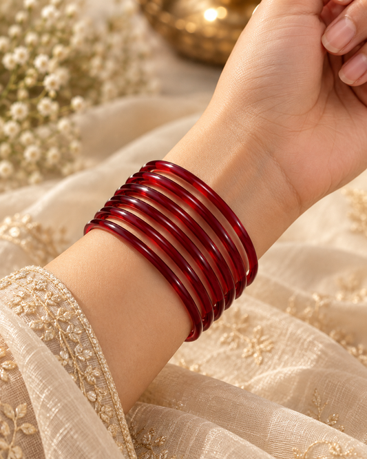 Ruby Red Jelly Bangles Set | 8-Piece Glossy Transparent Bangles
