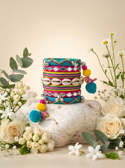 Navratri Special Handmade Turquoise Fabric Bangles Set | Cowrie Shell, Mirror Work & Pom-Pom Bangles