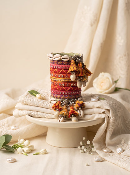 Navratri Special Handmade Tassel Bangles Set | Ethnic Fabric Bangles with Cowrie Shells, Ghungroos & Boho Tassels