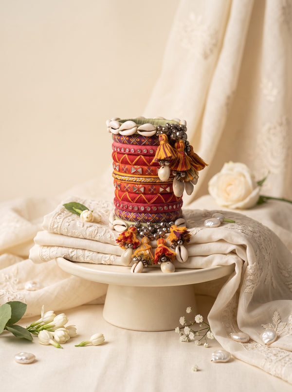 Navratri Special Handmade Tassel Bangles Set | Ethnic Fabric Bangles with Cowrie Shells, Ghungroos & Boho Tassels