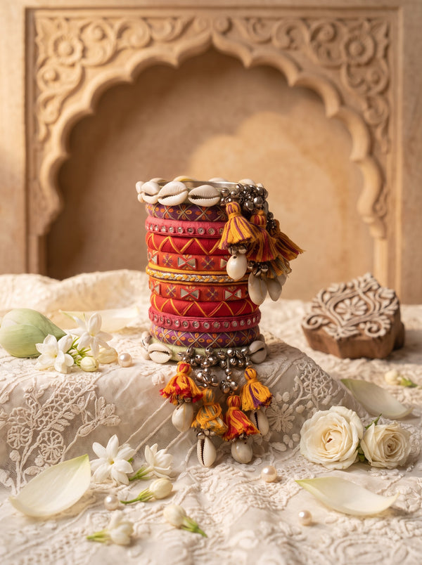 Navratri Special Handmade Tassel Bangles Set | Ethnic Fabric Bangles with Cowrie Shells, Ghungroos & Boho Tassels