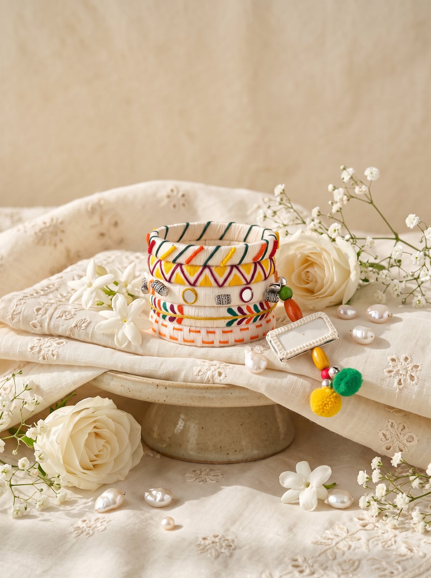 Navratri Special Handmade Embroidered Bangles Set | White Fabric Bangles with Colorful Thread Work