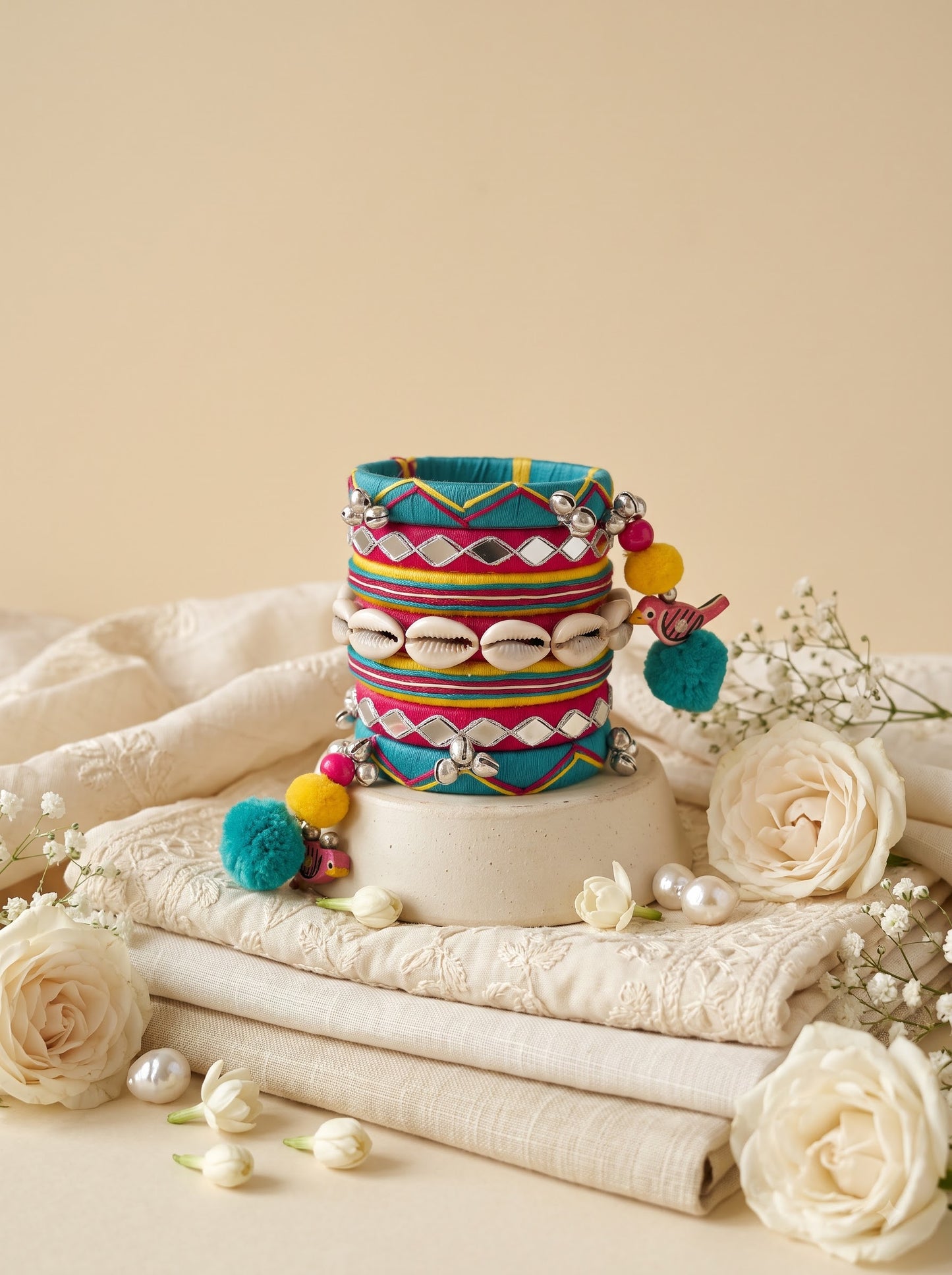 Navratri Special Handmade Turquoise Fabric Bangles Set | Cowrie Shell, Mirror Work & Pom-Pom Bangles