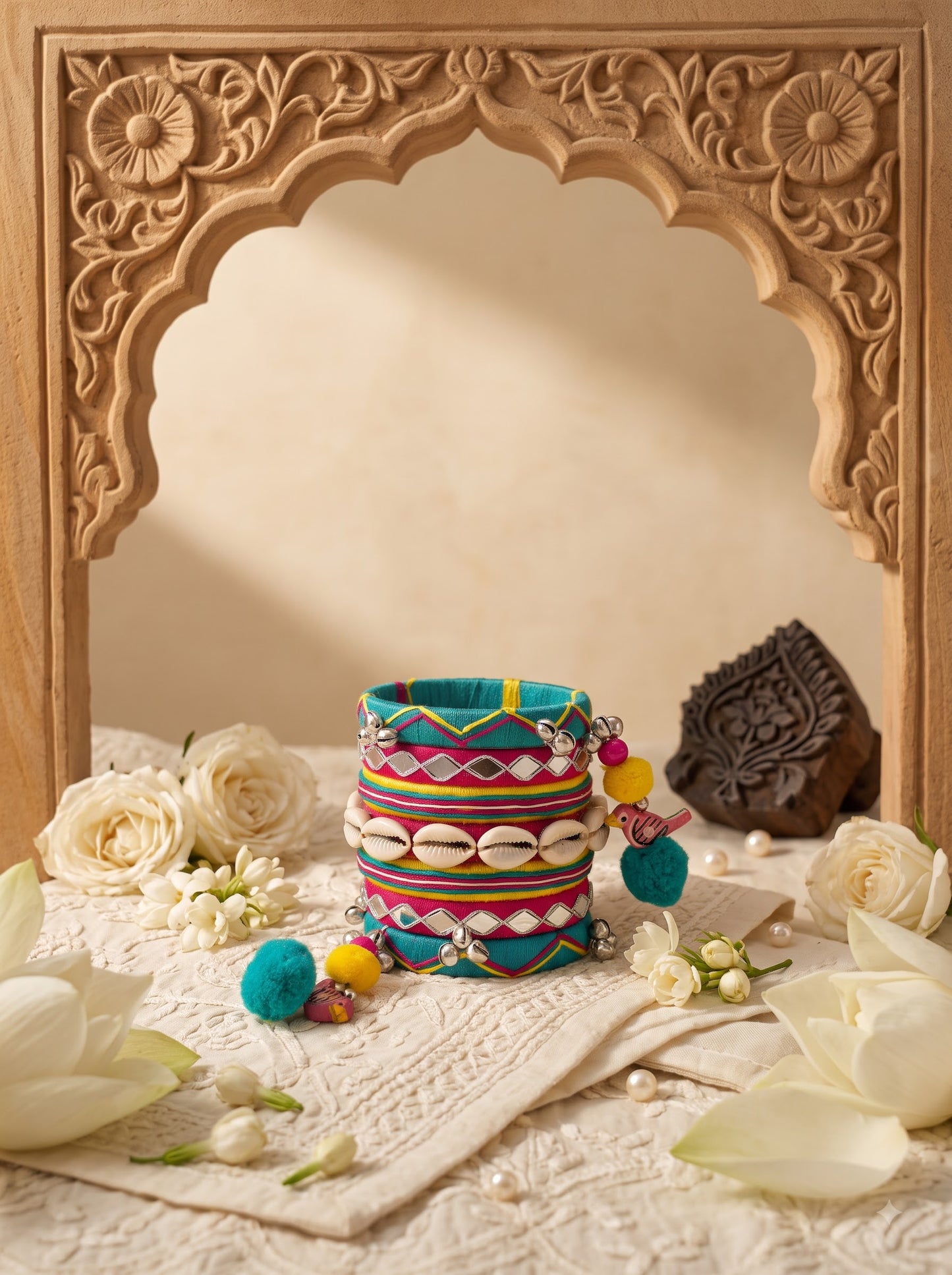 Navratri Special Handmade Turquoise Fabric Bangles Set | Cowrie Shell, Mirror Work & Pom-Pom Bangles