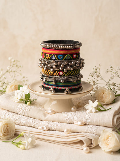 Navratri Special Handmade Tribal Fabric Bangles Set | Oxidized Ghungroo & Multicolor