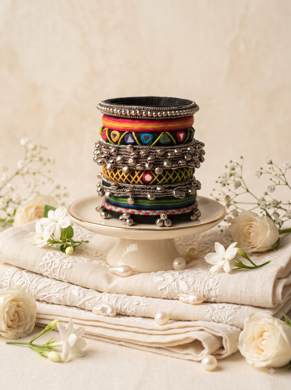 Navratri Special Handmade Tribal Fabric Bangles Set | Oxidized Ghungroo & Multicolor