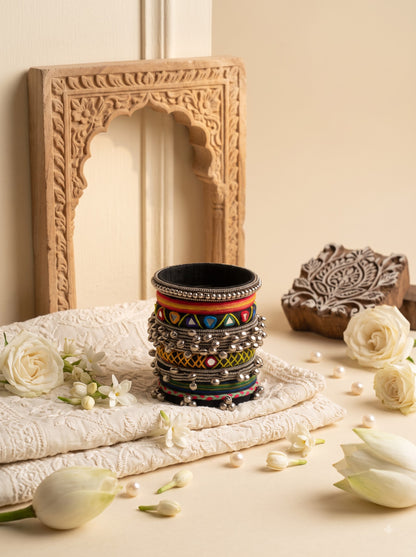 Navratri Special Handmade Tribal Fabric Bangles Set | Oxidized Ghungroo & Multicolor