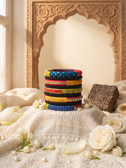 Navratri Special Handmade Multicolor Fabric Bangles Set | Traditional Embroidered