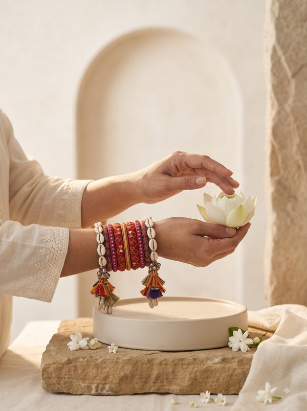 Navratri Special Handmade Tassel Bangles Set | Ethnic Fabric Bangles with Cowrie Shells, Ghungroos & Boho Tassels