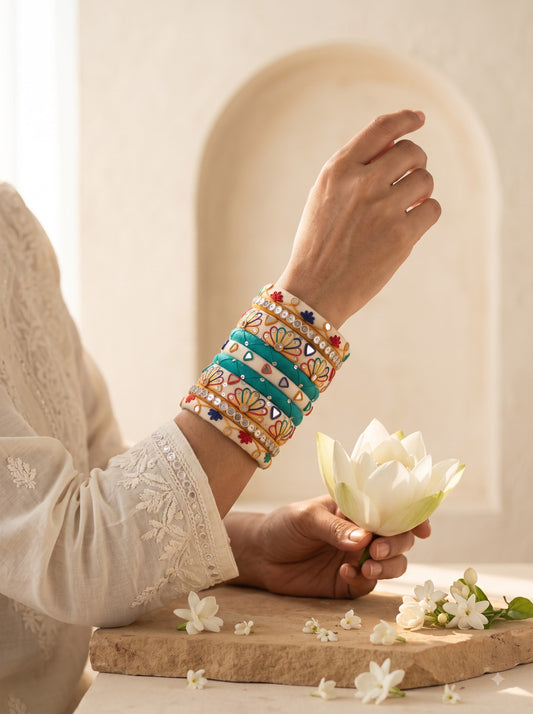 Navratri Special Handmade Embroidered Fabric Bangles Set | Mirror Work Ethnic Bangles for Women |