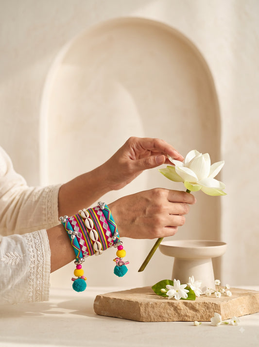Navratri Special Handmade Turquoise Fabric Bangles Set | Cowrie Shell, Mirror Work & Pom-Pom Bangles