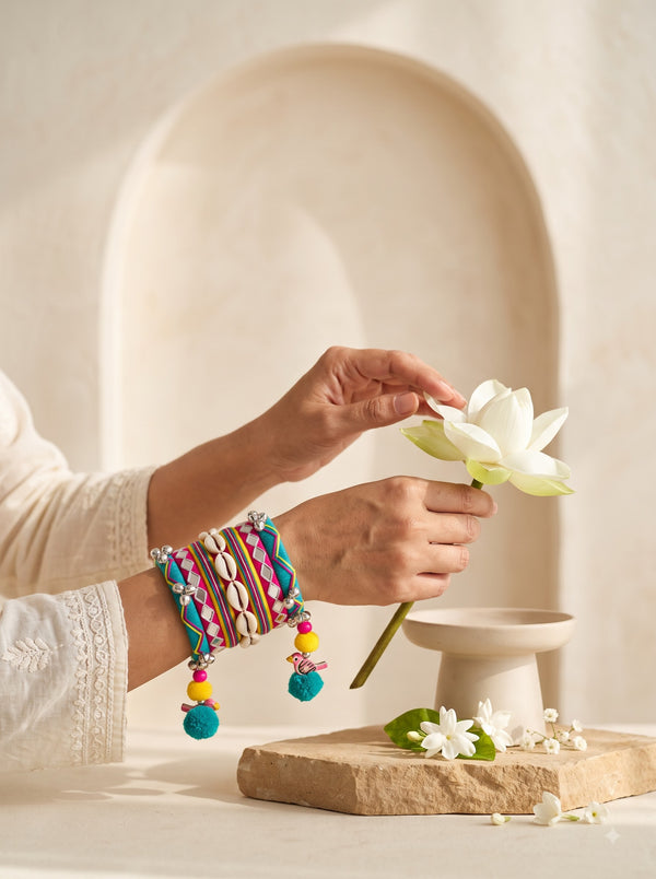 Navratri Special Handmade Turquoise Fabric Bangles Set | Cowrie Shell, Mirror Work & Pom-Pom Bangles