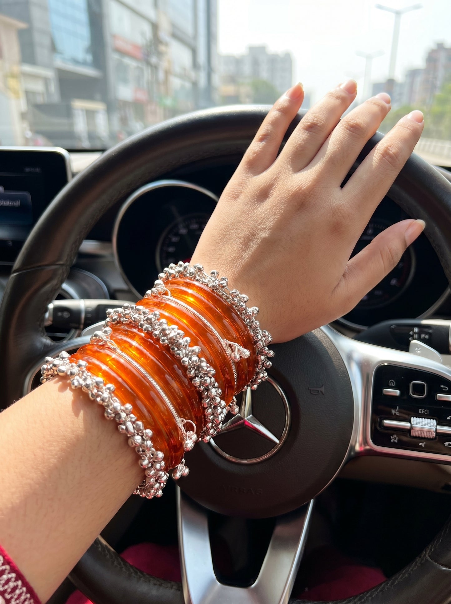 ORANGE JELLY BANGLES STACK — Silver Ghungroo Edition