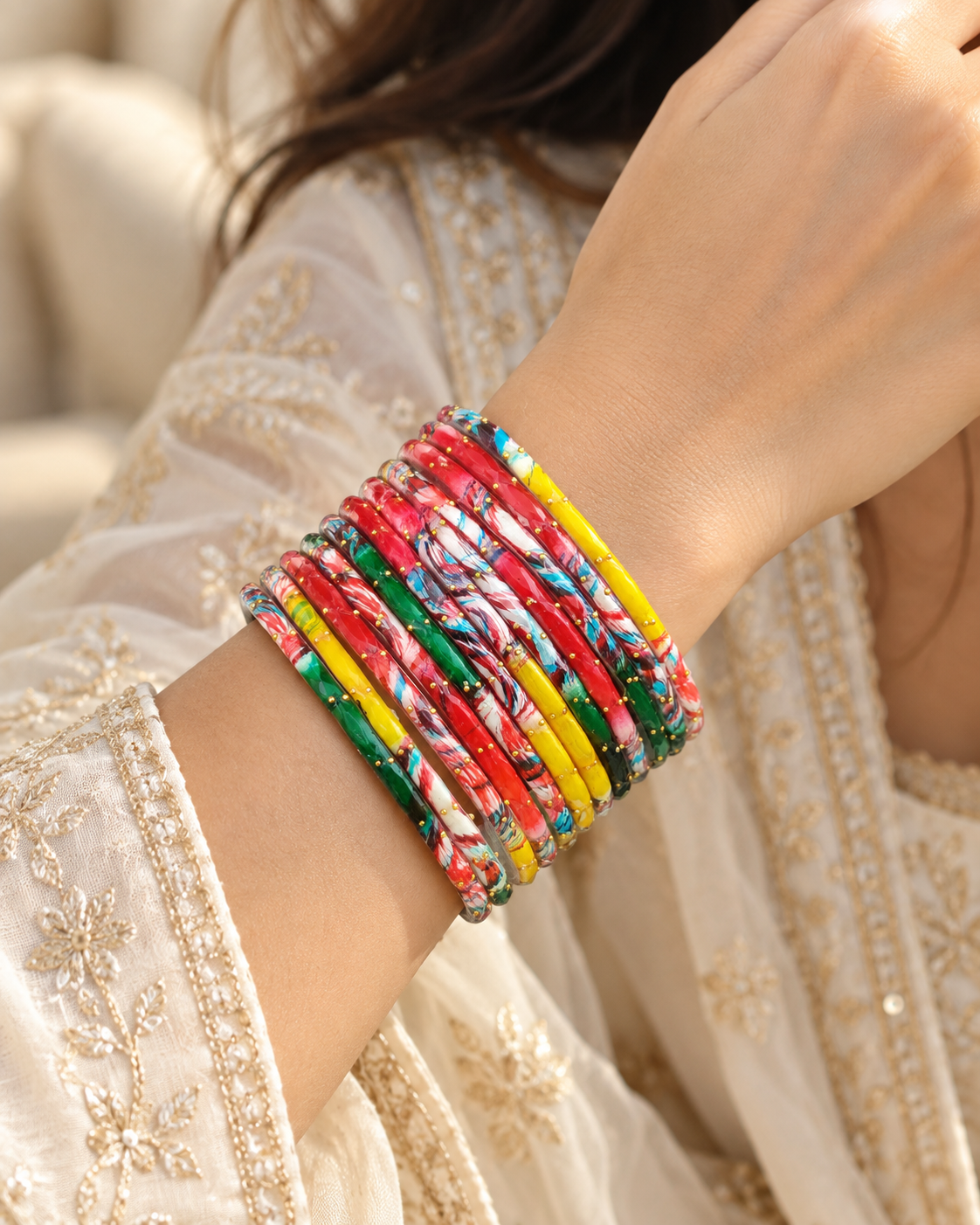 🌸 Rangmahal Multicolour Glass Bangle Set | Red, Yellow