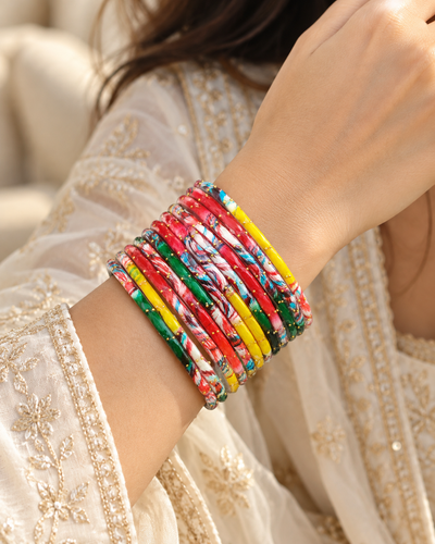 🌸 Rangmahal Multicolour Glass Bangle Set | Red, Yellow