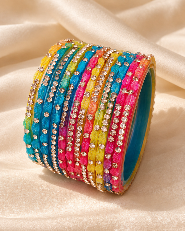 🍀Rainbow Radiance Multicolour Leaf Glass Bangle Set | Stone-Studded