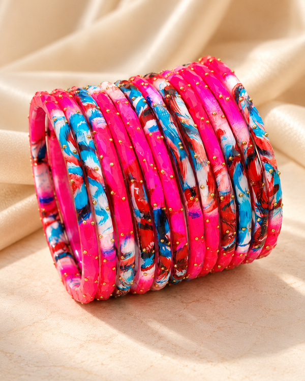 🌸Hot Pink Marble Bangle Set | Vibrant Magenta Faceted