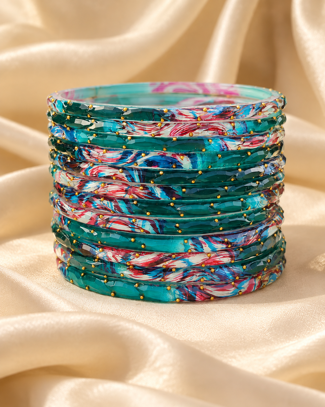 🌸Emerald Teal Glass Bangle Set | Faceted Printed