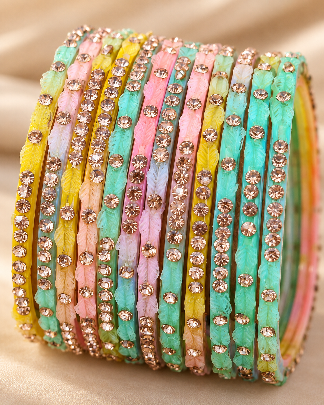 🍀Bloom Pastel Leaf Glass Bangle Set | Mint, Pink & Gold Stone-Studded