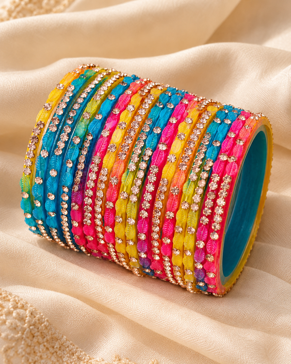 🍀Rainbow Radiance Multicolour Leaf Glass Bangle Set | Stone-Studded