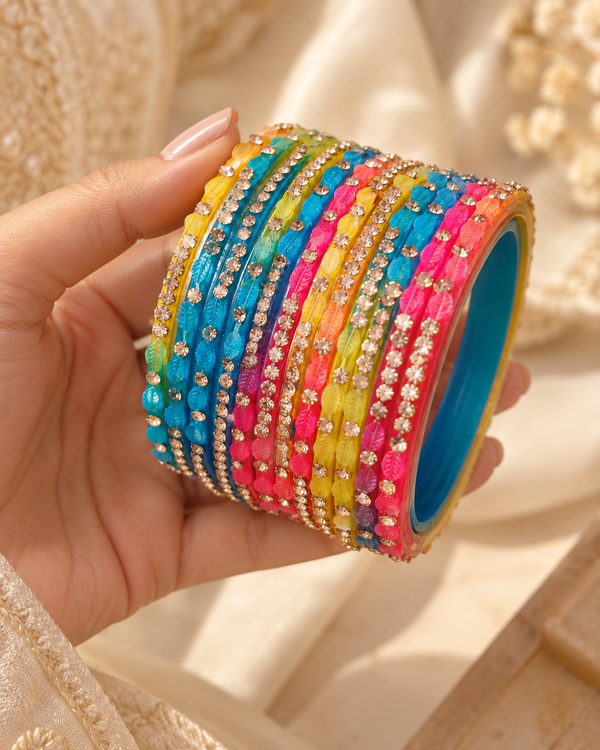 🍀Rainbow Radiance Multicolour Leaf Glass Bangle Set | Stone-Studded