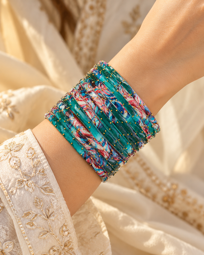 🌸Emerald Teal Glass Bangle Set | Faceted Printed