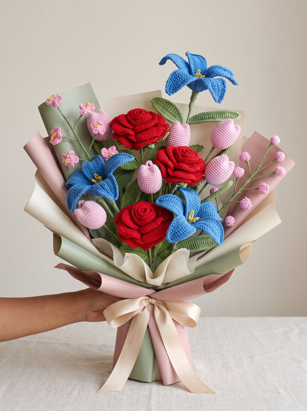 Luxury Crochet Rose, Lily & Tulip Bouquet