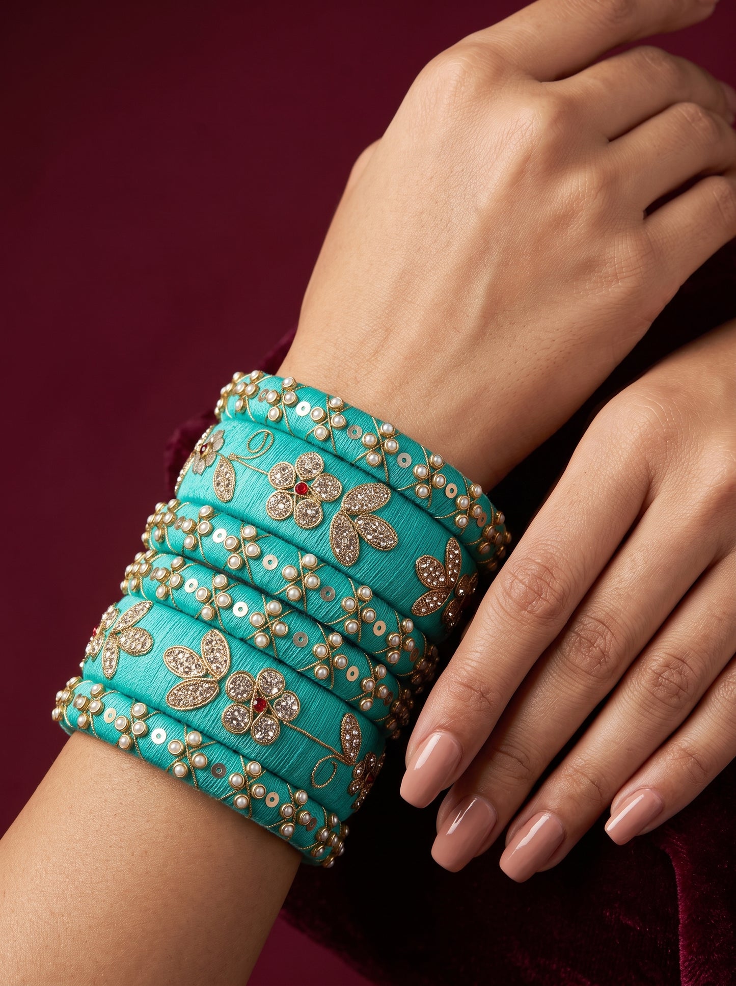 Zahvana Turquoise Bloom Handcrafted Zari & Sequin Bangle Stack
