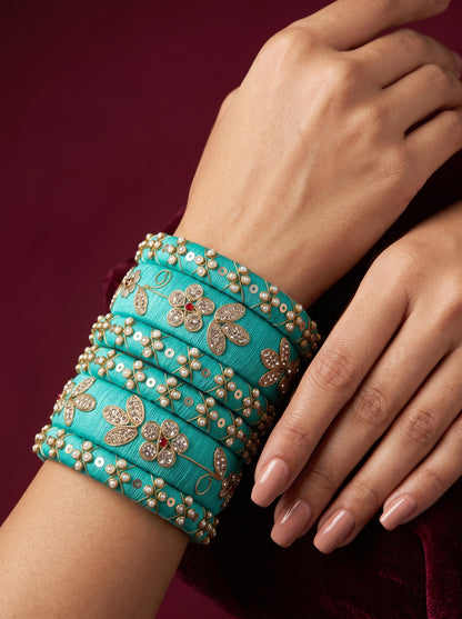 Zahvana Turquoise Bloom Handcrafted Zari & Sequin Bangle Stack
