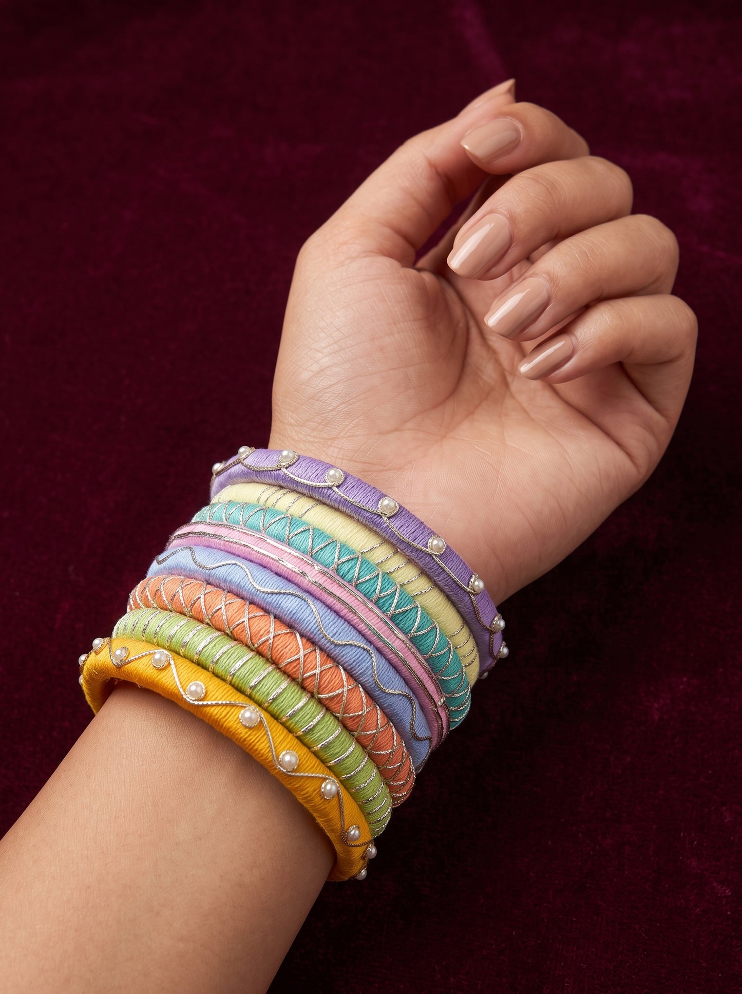 Pastel Symphony Pearl-Bordered Multi-Color Bangle Stack