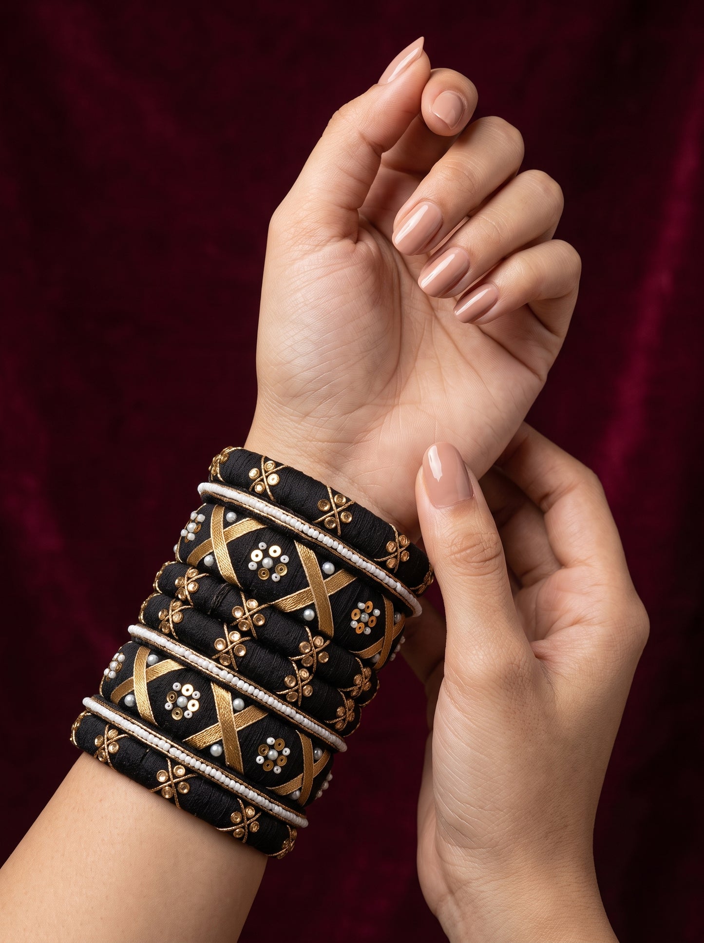 Royal Noir Velvet & Gold Handcrafted Bangle Stack