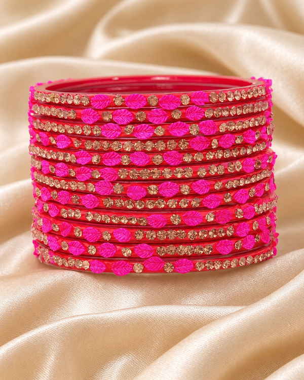🍀Majesty Leaf Glass Bangle Set | Hot Pink & Red Stone-Studded
