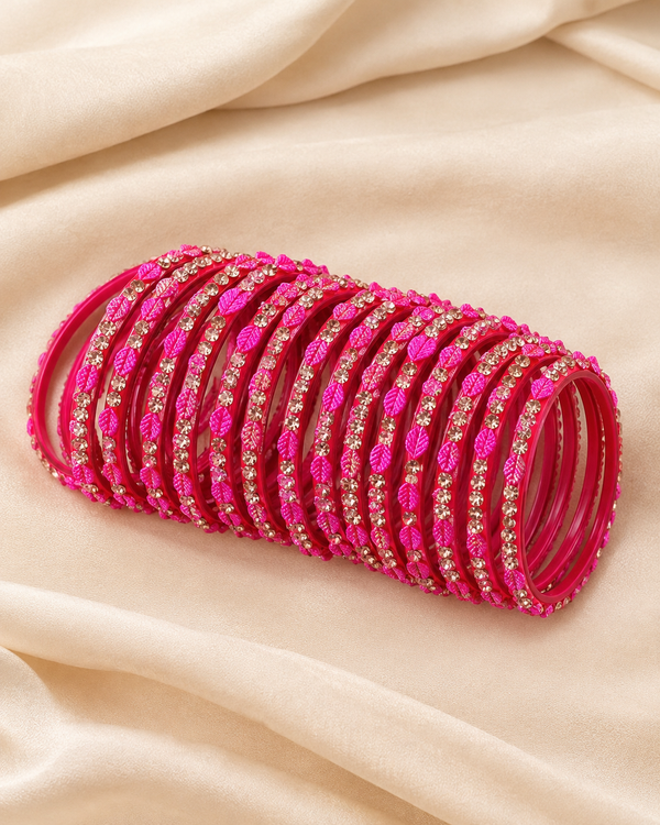 🍀Majesty Leaf Glass Bangle Set | Hot Pink & Red Stone-Studded
