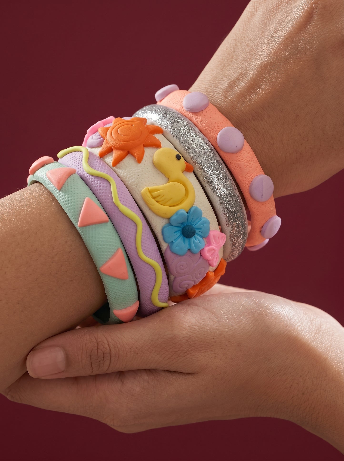 Sunshine Charm Clay Bangle Stack — Hand-Sculpted Statement Set