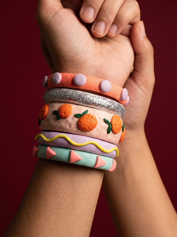 Citrus Pop Clay Bangle Stack — Hand-Sculpted Fruit Bangles