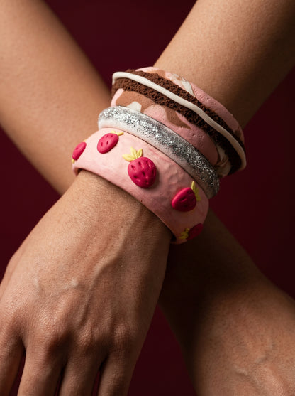 Strawberry Dream Clay Bangle Stack — Handcrafted Polymer Clay