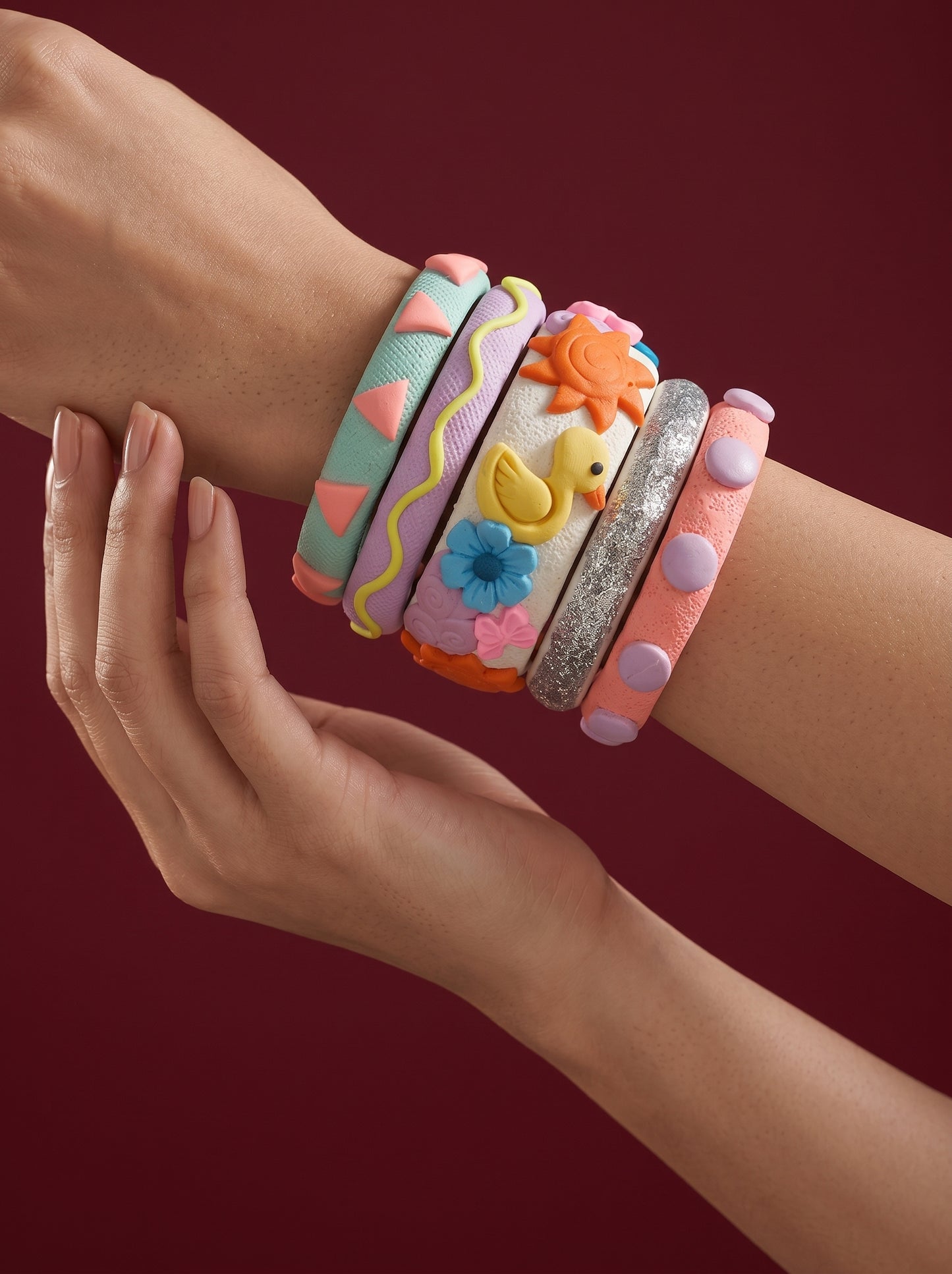 Sunshine Charm Clay Bangle Stack — Hand-Sculpted Statement Set