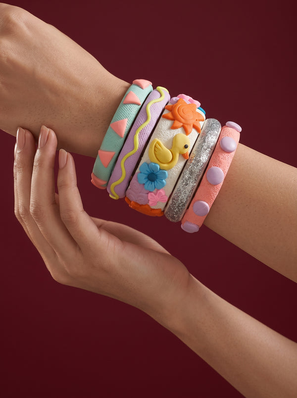 Sunshine Charm Clay Bangle Stack — Hand-Sculpted Statement Set