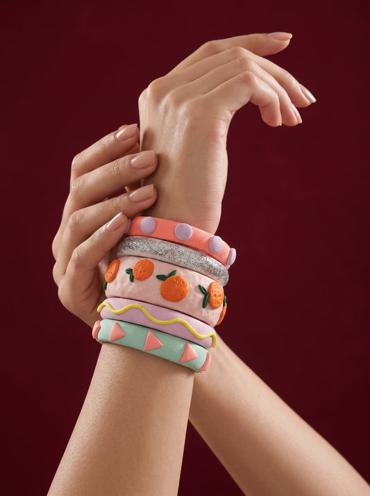 Citrus Pop Clay Bangle Stack — Hand-Sculpted Fruit Bangles