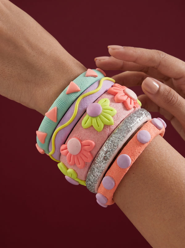Daisy Meadow Clay Bangle Stack — Hand-Sculpted Floral Set