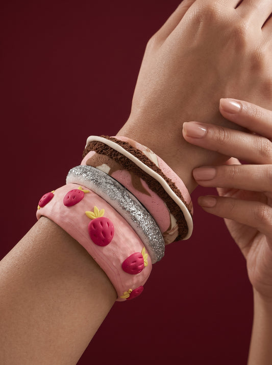 Strawberry Dream Clay Bangle Stack — Handcrafted Polymer Clay
