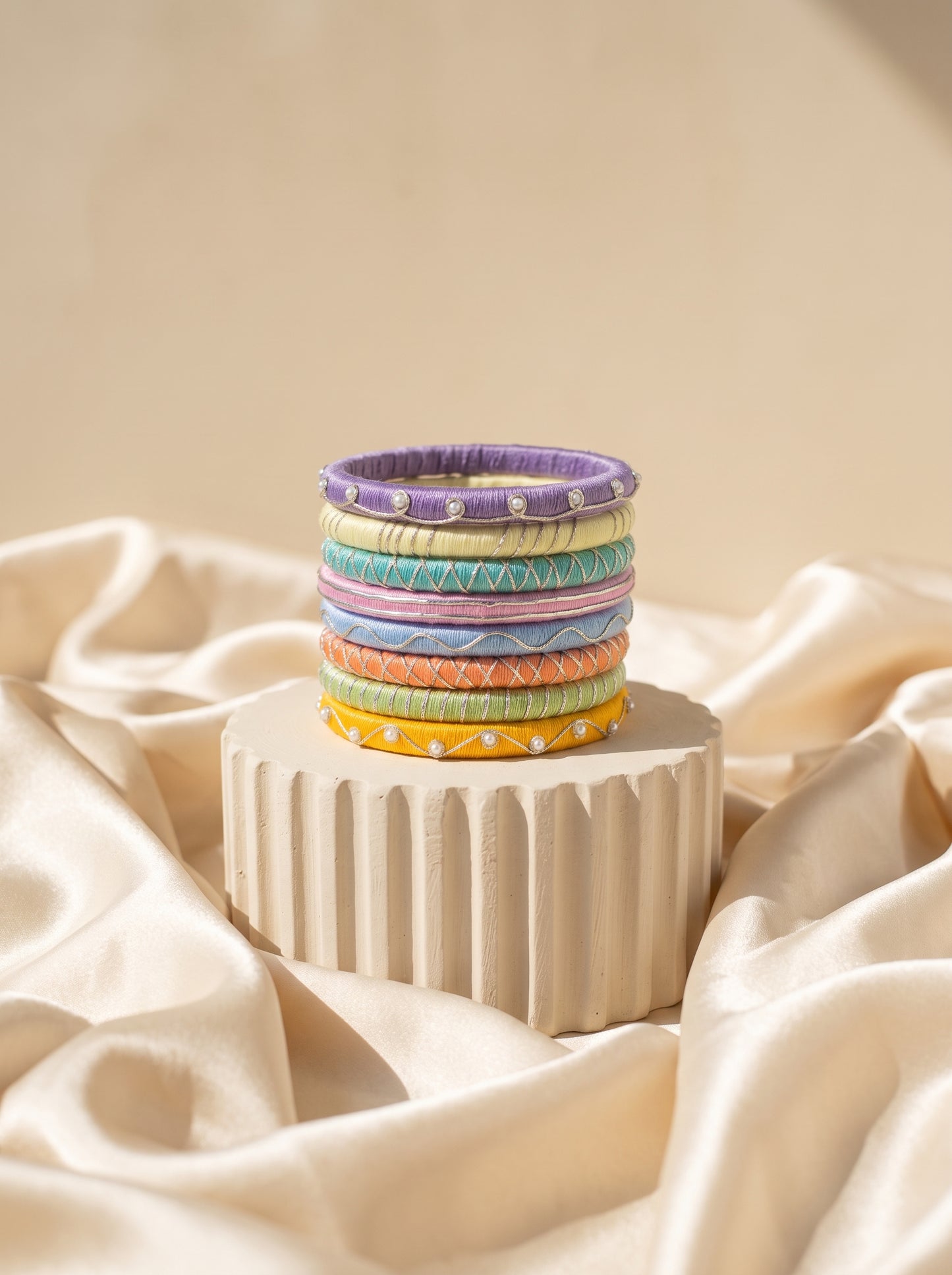 Pastel Symphony Pearl-Bordered Multi-Color Bangle Stack