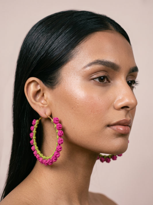 Pink Blossom Crochet Hoops — Hot Pink & Lime Floral Earrings
