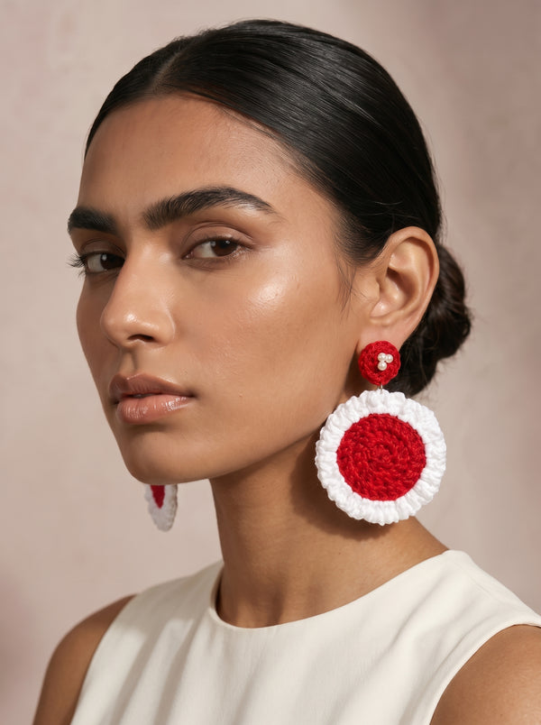 Festive Red Crochet Statement Earrings — Pearl Detail