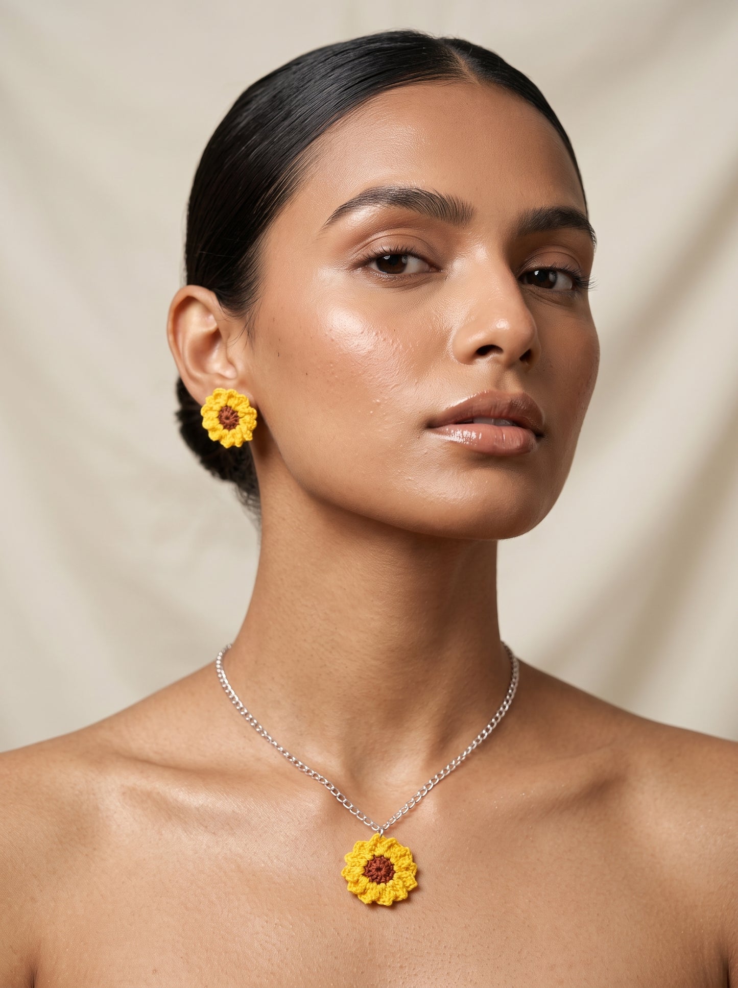 Sunflower Crochet Jewellery Set — Handmade Necklace & Earrings